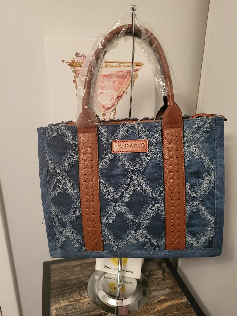 Blue Distressed Denim Tote with Brown Vegan Trim 3 Piece Set  13.5